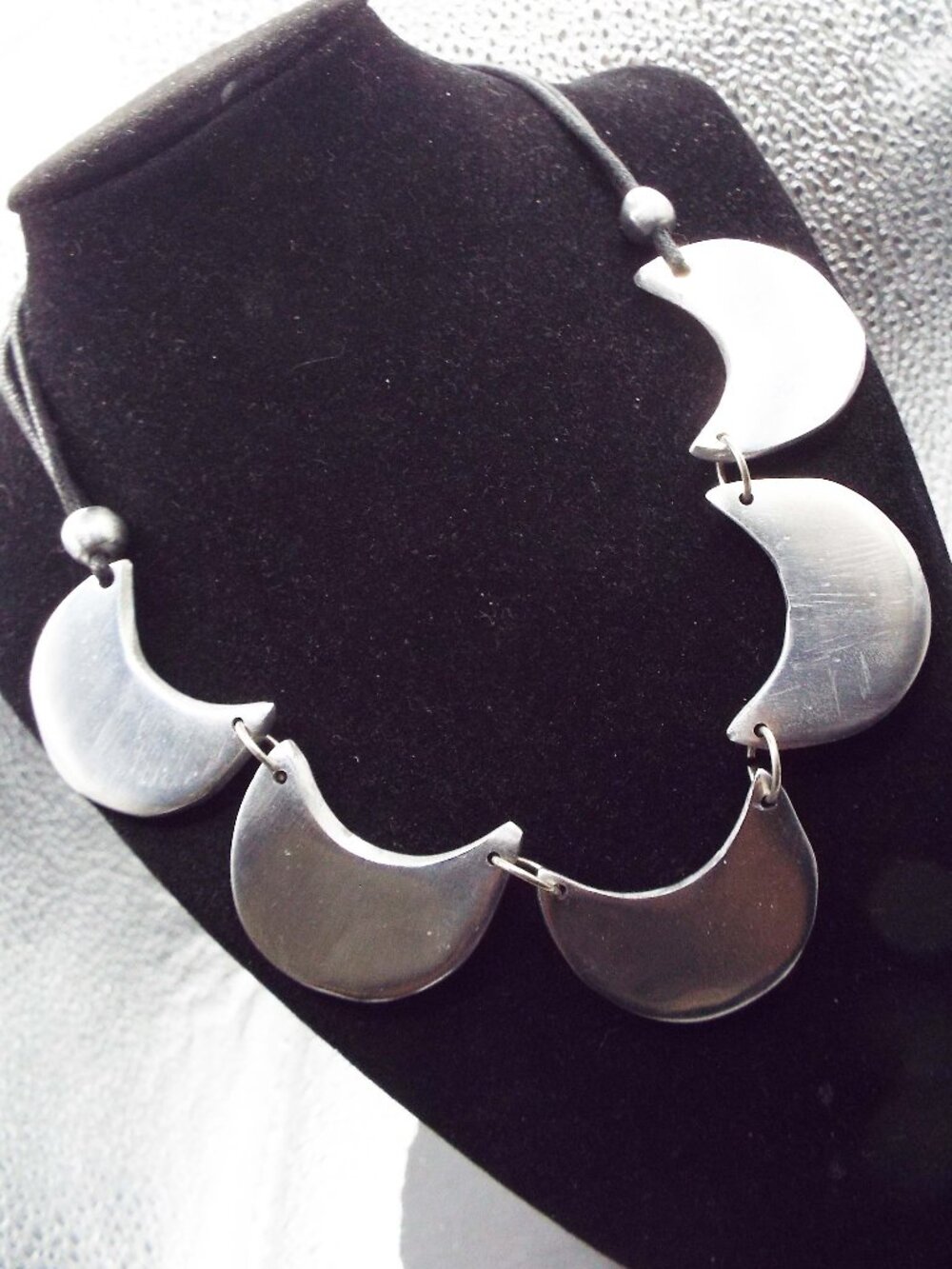 MODERN TITANIUM CRESCENT CUT-OUTS W/ BEADS AND BLACK CORD ADJUSTABLE NECKLACE 19